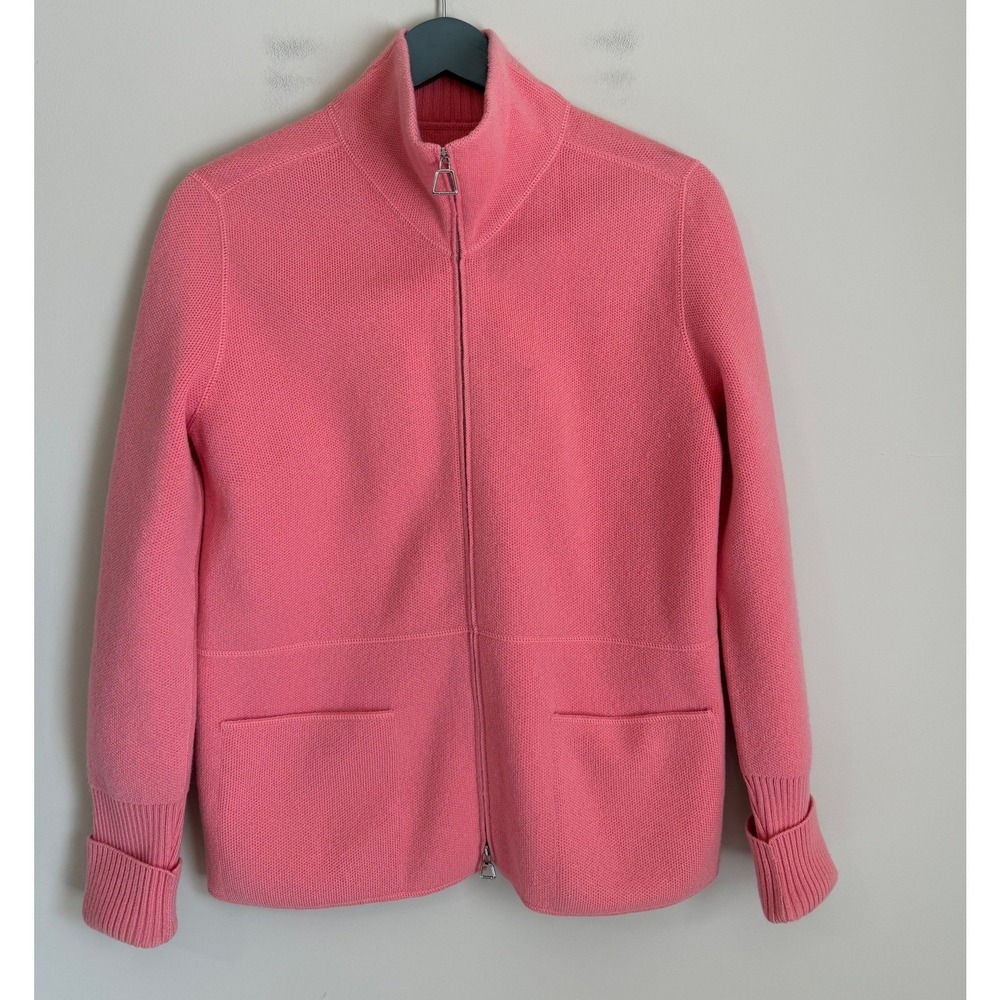 Akris Full Zip Cashmere Cardigan Women L Coral Mock Neck Pocket Knit Sweater